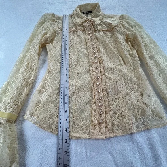 Vintage Womens Victorian Lace Button Up Top Sz S Coquette Bell Sleeve Ivory Y2K - Picture 6 of 12